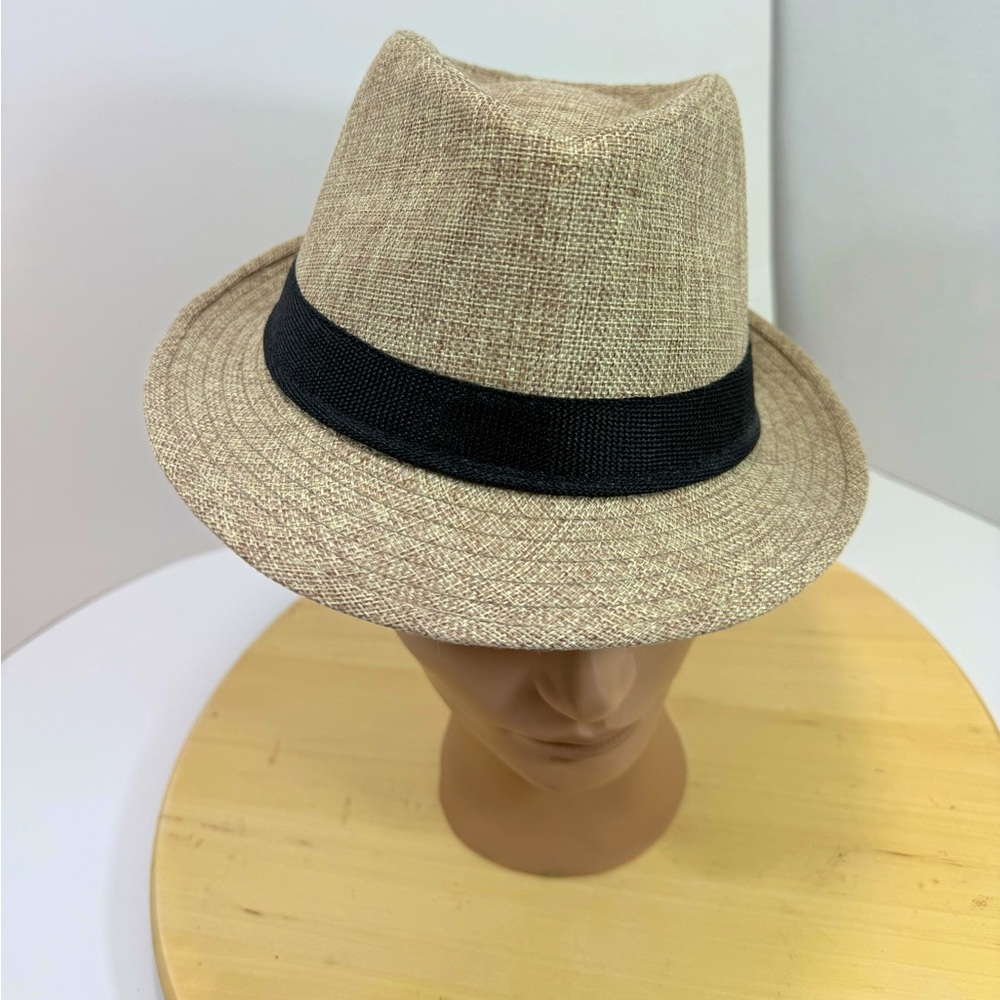 Tan Fedora Hat with Black Band. Linen like fabric. Crisp finish.